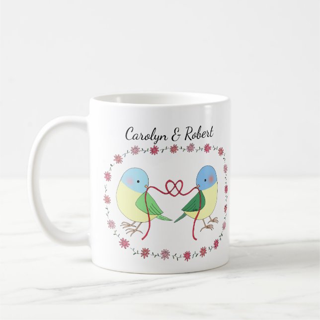 Caneca De Café Casal de passarinhos com nomes personalizados (Esquerda)