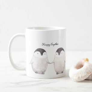 Caneca De Café Casal de Pinguins Fofos Felizes Juntos Aniversário
