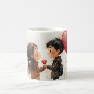 Caneca De Café Casal Fofo em Aquarela com Balão em Forma de Coraç