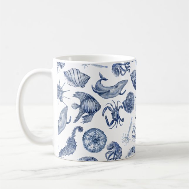 Caneca De Café Casamento Azul Aguarela Costeira Praia Moderna (Esquerda)