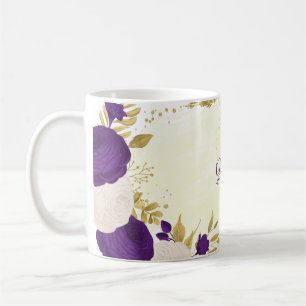 Caneca De Café casamento botânico real de flores brancas roxas