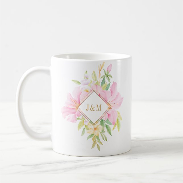 Caneca De Café Casamento Cor de Água Pinta-Rosa Elegante Monogram (Esquerda)