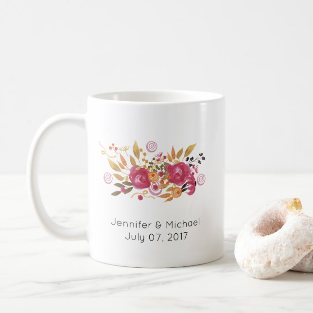 Caneca De Café Casamento de Buquê rosa e laranja (Com Donut)