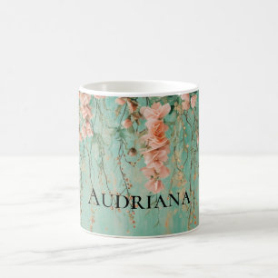 Caneca De Café Casamento de Flores Cor de Rosa Turquesa Romântico