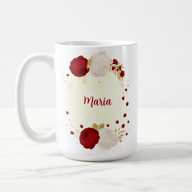 Caneca De Café Casamento de flores românticas vermelhas escuras e (Esquerda)