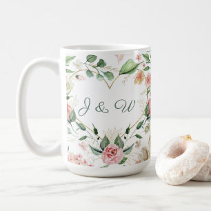 Caneca De Café Casamento de Monograma Dourado Floral Rosa Blush