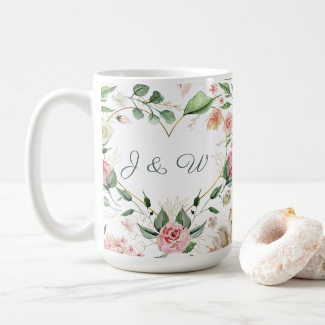Caneca De Café Casamento de Monograma Dourado Floral Rosa Blush (Com Donut)