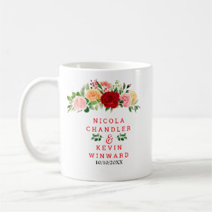Caneca De Café Casamento de Rosas Vermelhas e Laranjas Românticas