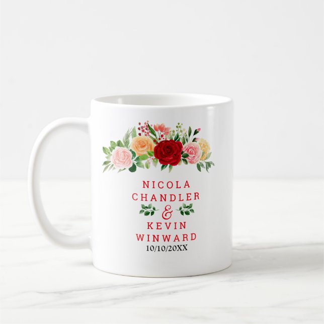 Caneca De Café Casamento de Rosas Vermelhas e Laranjas Românticas (Esquerda)