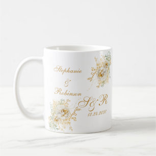 Caneca De Café Casamento do logotipo do Monograma Floral Dourado