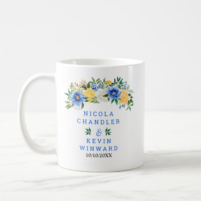Caneca De Café Casamento Floral Azul e Amarelo (Esquerda)