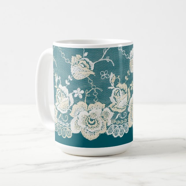 Caneca De Café Casamento Floral Azul Verde Teal Romântico (Frente Esquerda)
