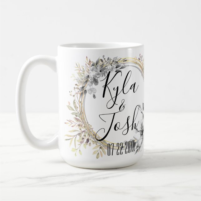 Caneca De Café Casamento Floral De Fúria Chic Silver Personalizad (Esquerda)