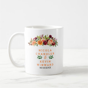 Caneca De Café Casamento Floral de Outono em Borgonha e Laranja