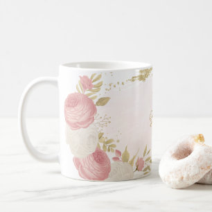 Caneca De Café Casamento floral romântico rosa branco e dourado