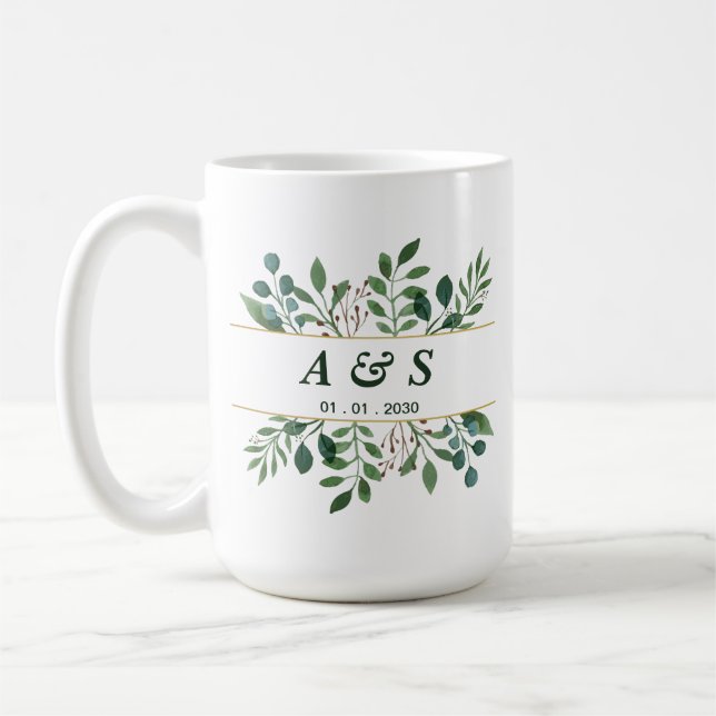 Caneca De Café Casamento Floral Verde Branco (Esquerda)