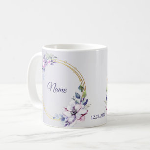 Caneca De Café Casamento Geométrico Floral Dourado Roxo Aquarela
