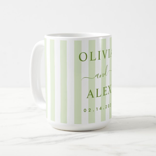 Caneca De Café Casamento Personalizado Verde Listrado Retrô  (Frente Esquerda)