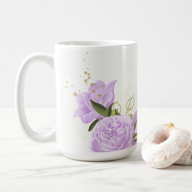 Caneca De Café casamento romântico de flores roxas lilás (Com Donut)