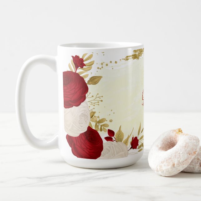 Caneca De Café Casamento romântico vermelho e flores brancas (Com Donut)