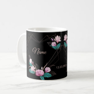 Caneca De Café Casamento Rosa Floral Dourado Geométrico Elegante
