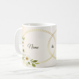 Caneca De Café Casamento Rústico Geométrico Dourado Floral Branco