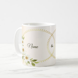 Caneca De Café Casamento Rústico Geométrico Dourado Floral Branco