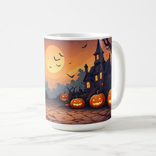 Caneca De Café Casas Assombradas Sob Uma Lua de Halloween 🎃 (Frente Esquerda)