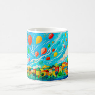 Caneca De Café Casas coloridas com balões no céu ventoso