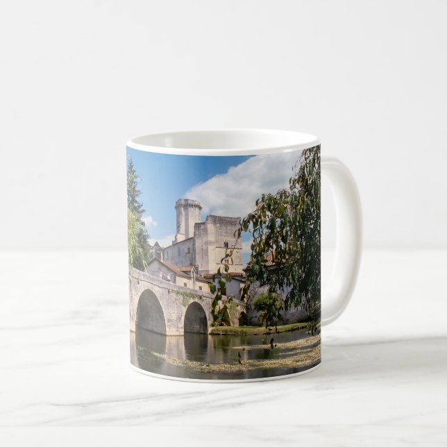 Caneca De Café Castelo de Bourdeilles e Ponte de Pedra, França (Frente Esquerda)