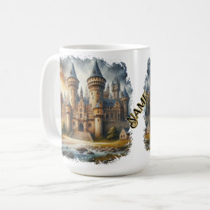 Caneca De Café Castelo Medieval no Sunset com Céu Atmosférico