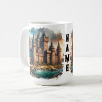 Castelo medieval por um rio Tranquilo em Sunset