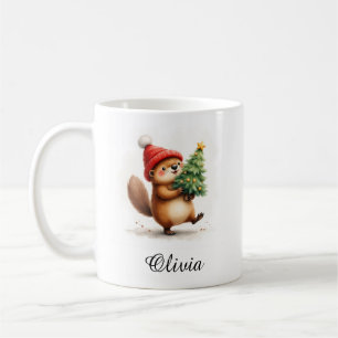 Caneca De Café Castor com Nome Personalizado na Árvore de Natal