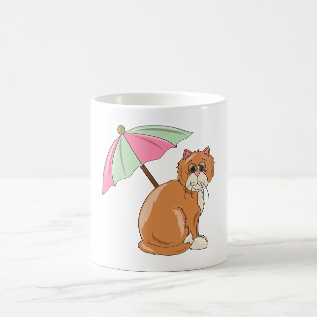 Caneca De Café Cat de praia com guarda-chuva rosa e verde (Criador carregado)
