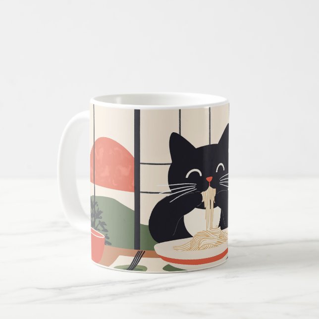 Caneca De Café cat eating pasta (Frente Esquerda)