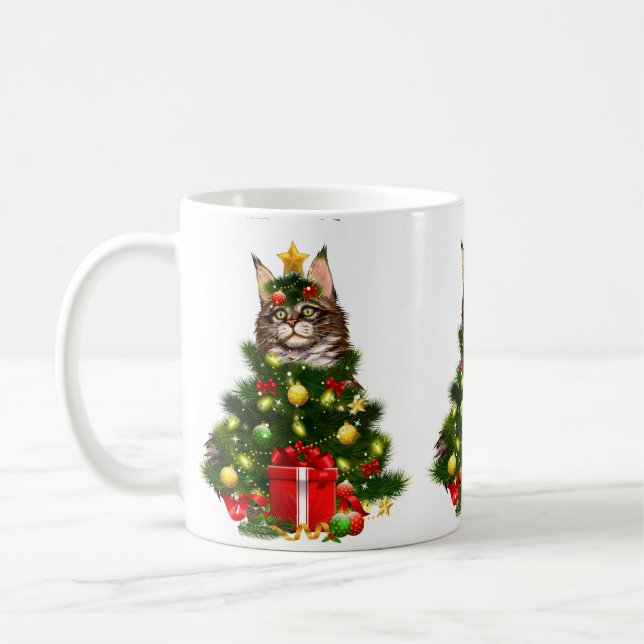Caneca De Café Cat Maine Coon Cat Xmas Tree Lights Cat Lover Ugly (Esquerda)