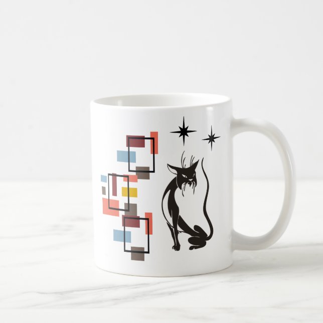 Caneca De Café Cat. Quadrados de Meio século Retro-Gatinho Divert (Direita)
