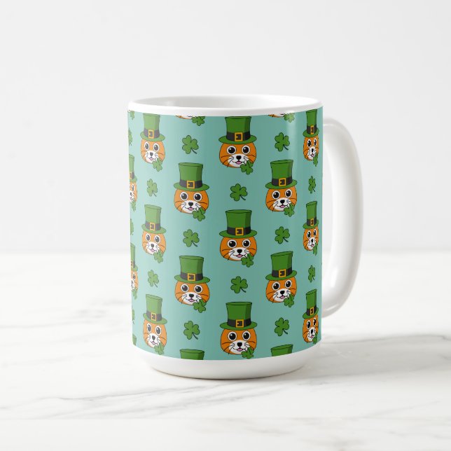 Caneca De Café Cat w Green Hat e Rua Shamrock Padrão de Patrick (Frente Esquerda)