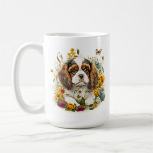 Caneca De Café Cavaliador do Puppy e Flores Rei Charles Spaniel #