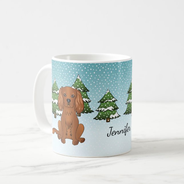 Caneca De Café Cavalier King Charles Spaniel Rubi no Inverno (Frente Esquerda)