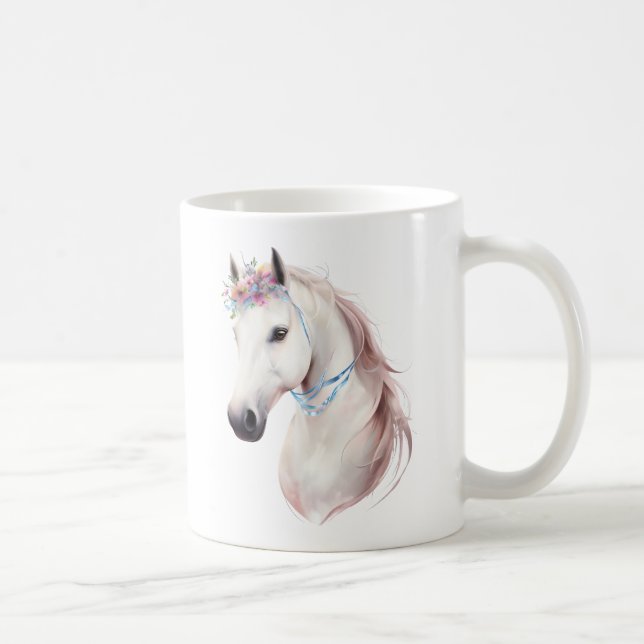 Caneca De Café Cavalo Branco Elegante com Impressão de Arte Coroa (Direita)