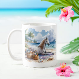 Caneca De Café Cavalo de Aquarela de Verão na praia