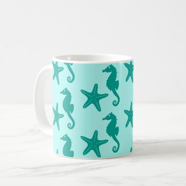 Caneca De Café Cavalo-do-mar e estrelas-do-mar - turquesa e aqua (Frente Esquerda)
