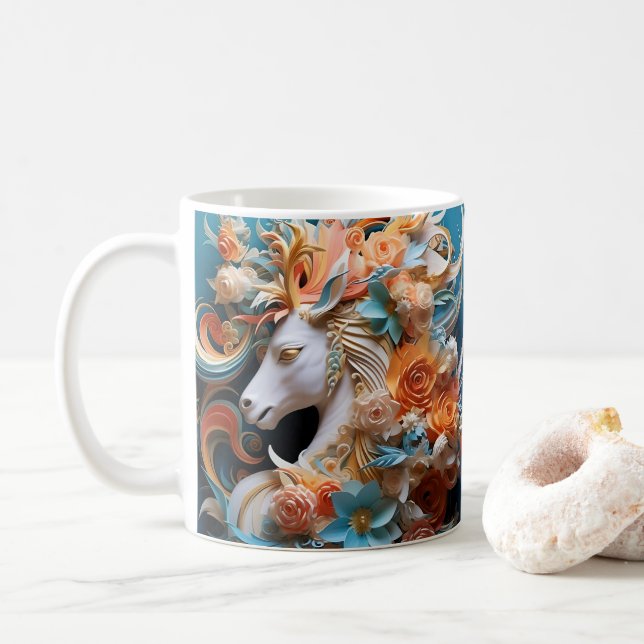 Caneca De Café Cavalo e flores, Presente Equestre, Cavalgar (Com Donut)