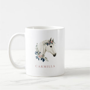 Caneca De Café Cavalo Floral Rosa e Nome Personalizado do Marinho