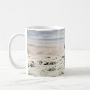 CANECA DE CAFÉ CAVALO MARAVILHOSO SENTADO NA GRAMA PERTO DA PRAIA