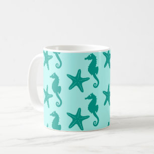 Caneca De Café Cavalo marinho & estrela do mar - turquesa e aqua