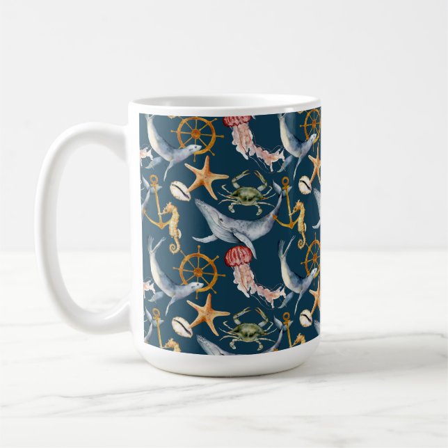 Caneca De Café Cavalo-marinho, Navios Roda, Baleias, Caranguejo,  (Esquerda)
