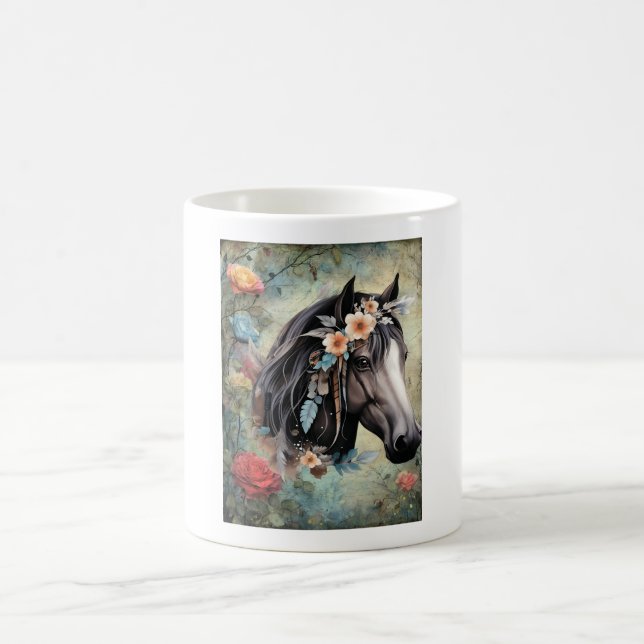 Caneca De Café Cavalo marrom em flores. (Centro)