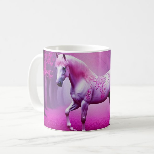 Caneca De Café Cavalo rosa místico numa floresta de fantasia (Frente Esquerda)
